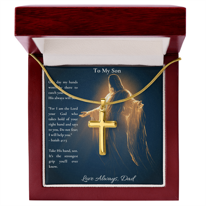 To My Son – "Take His Hand" Artisan Cross Necklace with Snake Chain | Faith Gift From Dad With Isaiah 41:13 Message Card