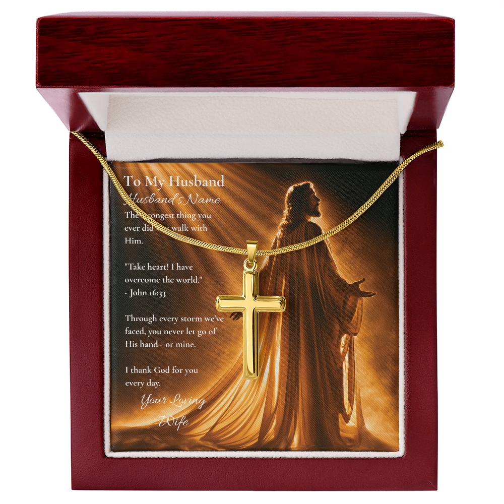 Gold cross necklace and John 16:33 husband card in a mahogany luxury box, top view