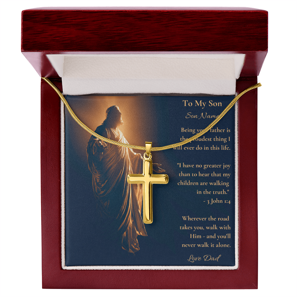 Gold cross necklace and 3 John 1:4 son card in a mahogany luxury box, top view