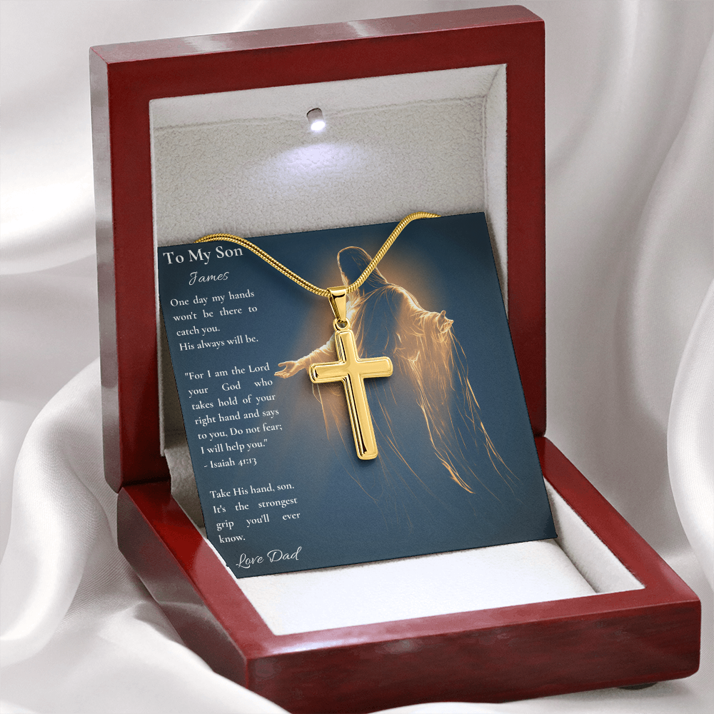 Gold cross pendant and personalized do not fear son card in a red gift box on fabric
