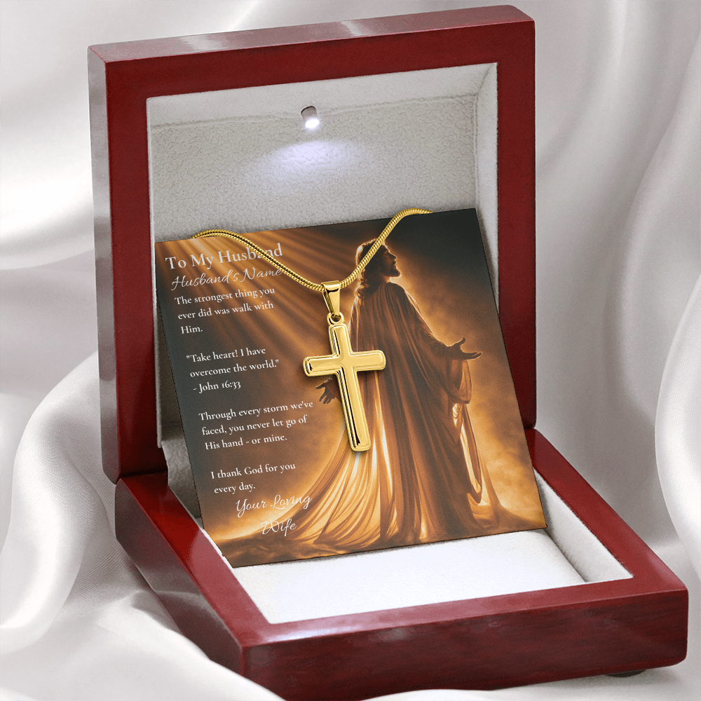 Gold cross pendant and personalized husband card in an open wooden gift box