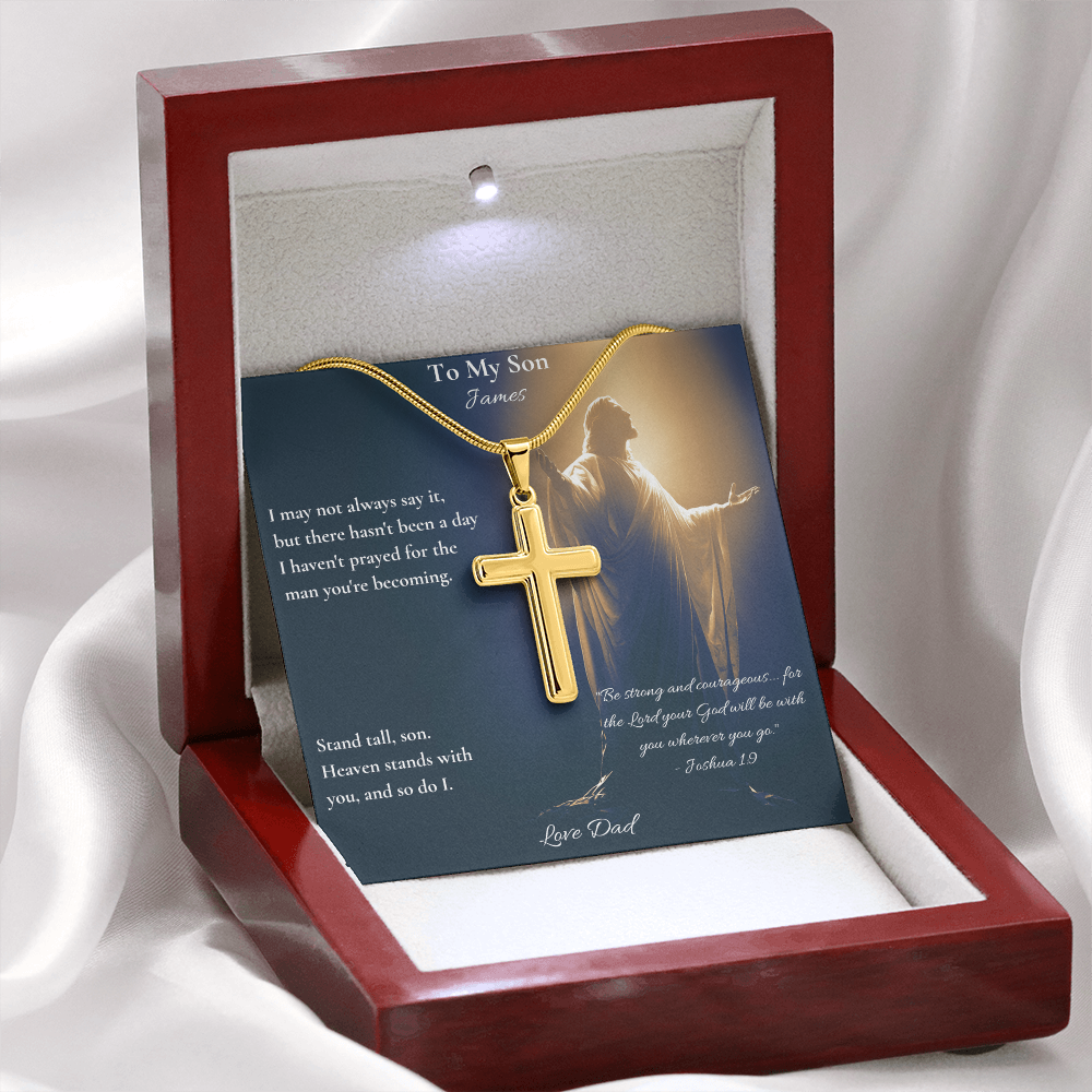 Gold cross pendant and personalized be courageous son card in an open mahogany box