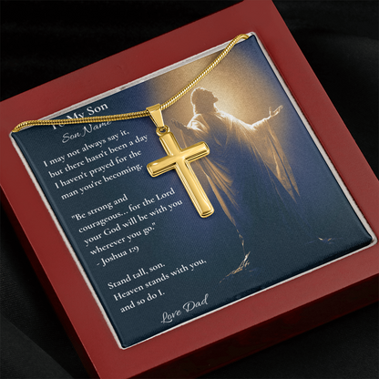 Gold cross necklace and To My Son card with Joshua 1:9 in a red luxury box