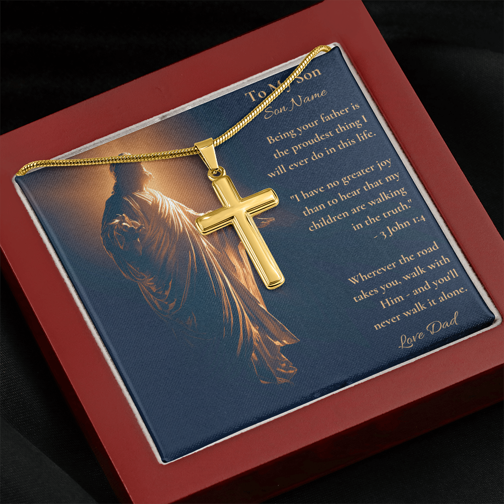 Gold cross necklace on a To My Son card with 3 John 1:4, close angled view
