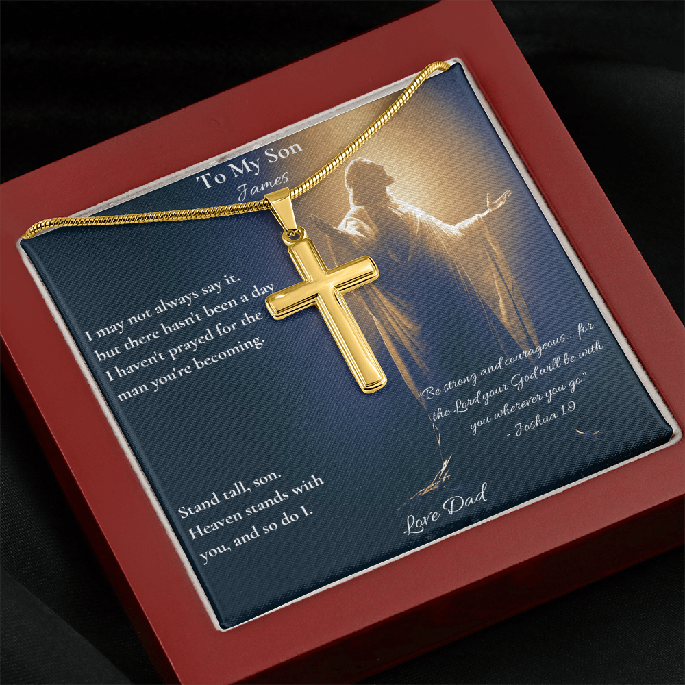 Gold cross necklace and To My Son card with Joshua 1:9 in a red luxury box on fabric