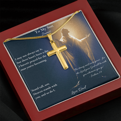Gold cross necklace and To My Son card with Joshua 1:9 in a red luxury box on fabric