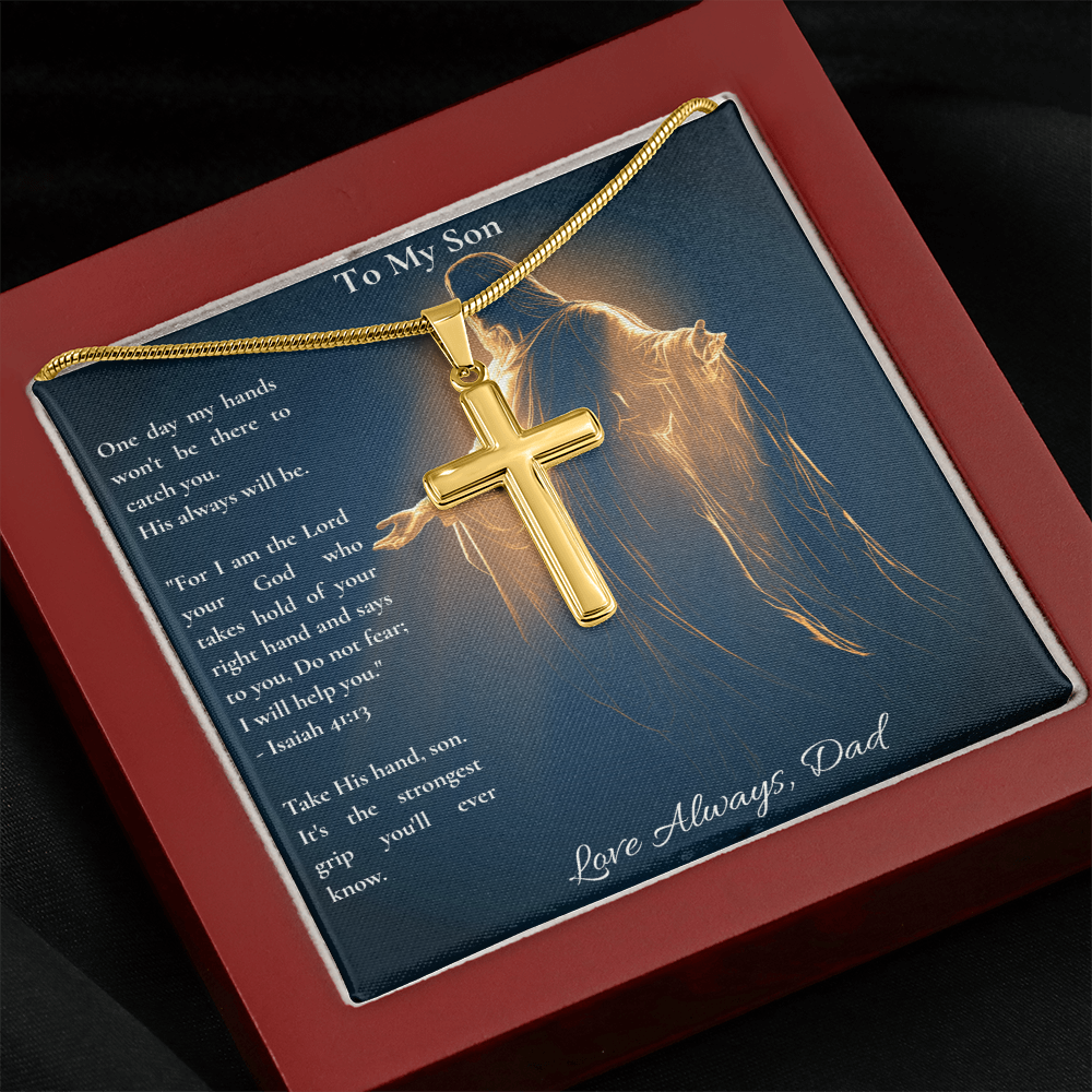 To My Son – "Take His Hand" Artisan Cross Necklace with Snake Chain | Faith Gift From Dad With Isaiah 41:13 Message Card