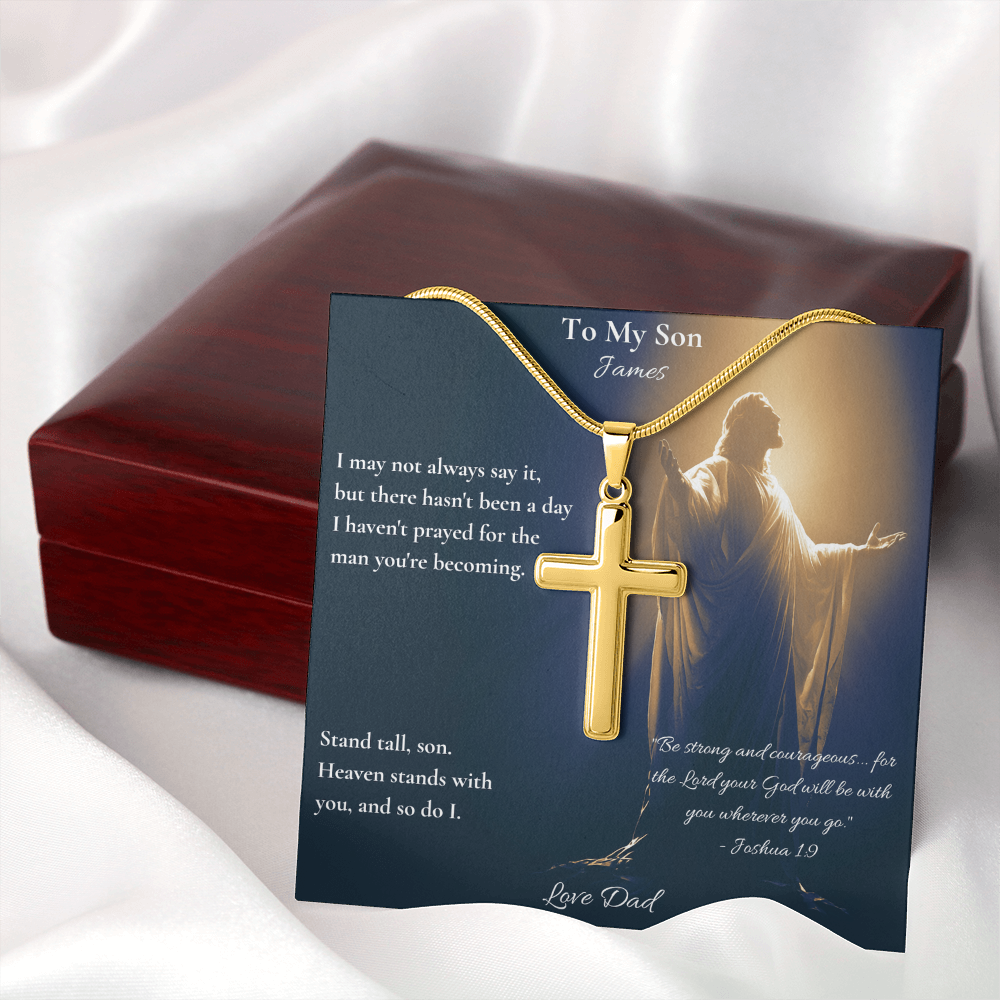 Stand Tall, Son – Personalized Cross Necklace for Son | Joshua 1:9 Gift from Dad