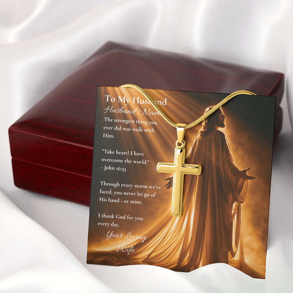 Personalized Cross Necklace for Husband – John 16:33 Christian Gift from Wife, Take Heart