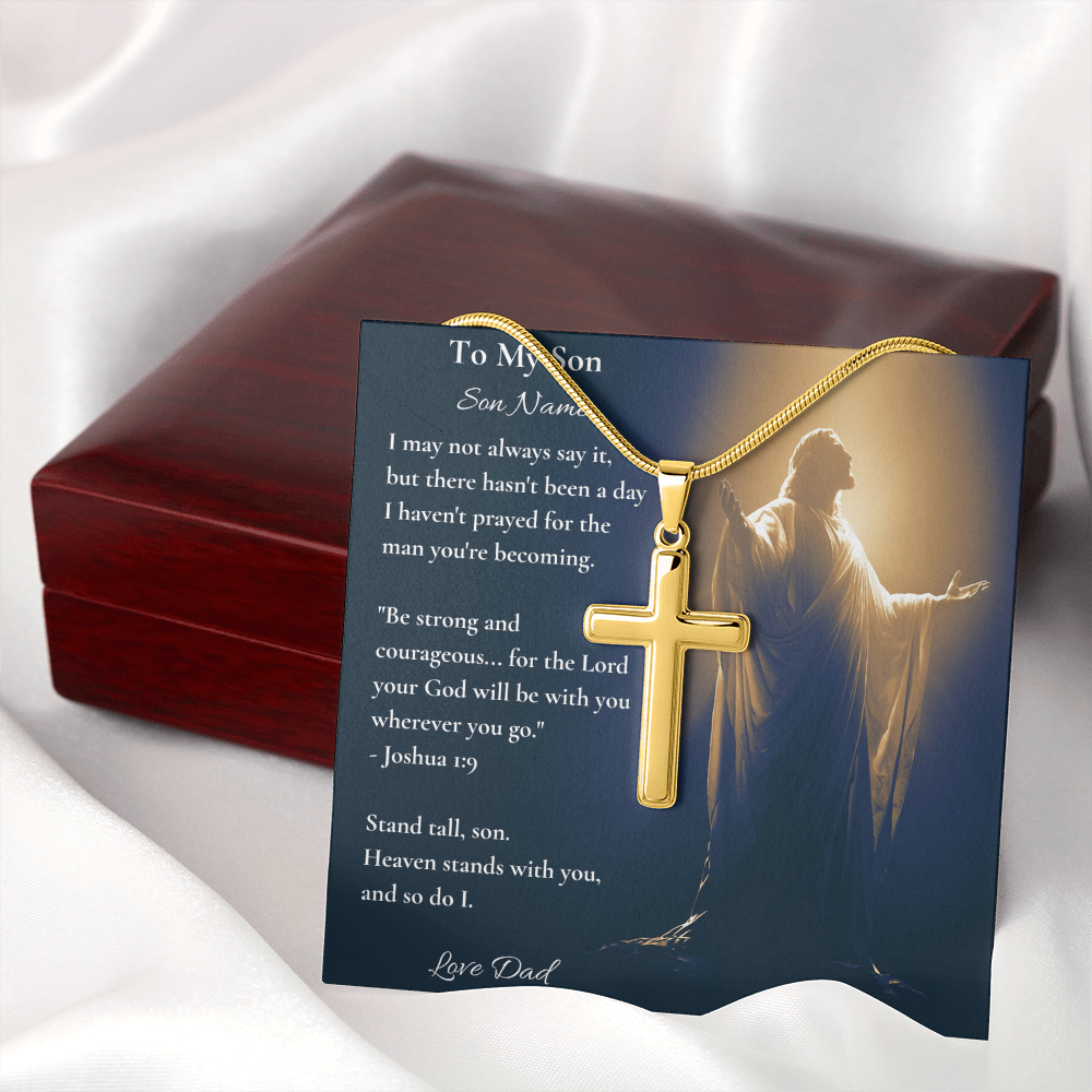 Gold cross necklace on a personalised Joshua 1:9 son card, close angled view