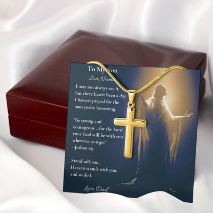 Gold cross necklace on a personalised Joshua 1:9 son card, close angled view